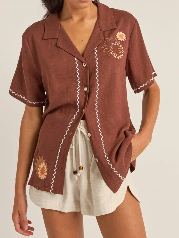 Solis Embroidered Short Sleeve Shirt - Chocolate TOP RHYTHM 